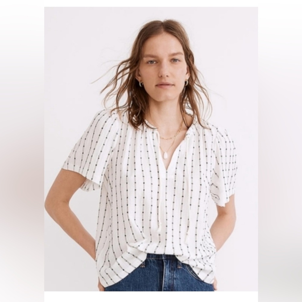Madewell White Short-Sleeve Striped Tie-Neck Blouse